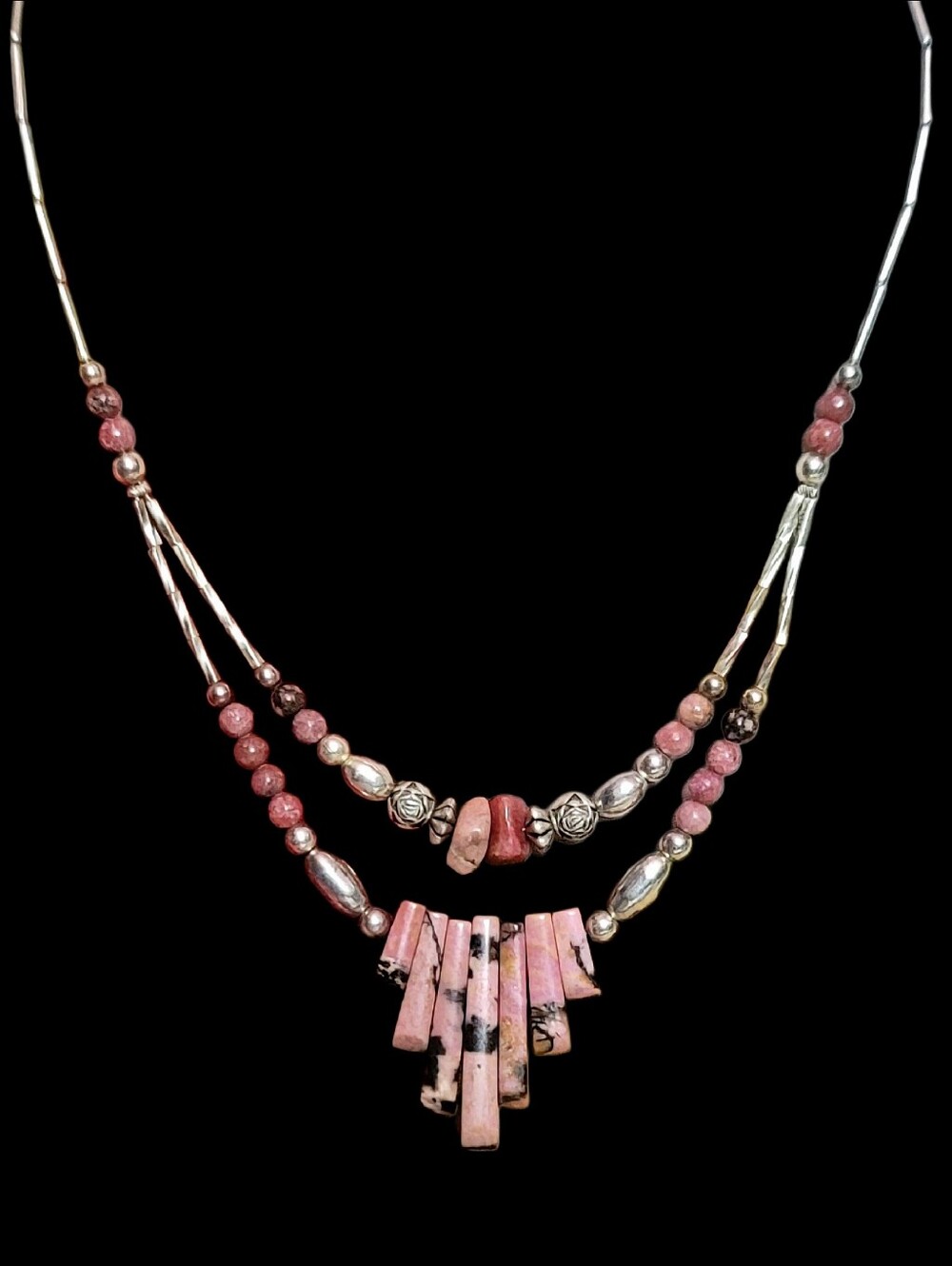 Pink Rhodonite & Liquid Silver  Multi-Strand Necklace